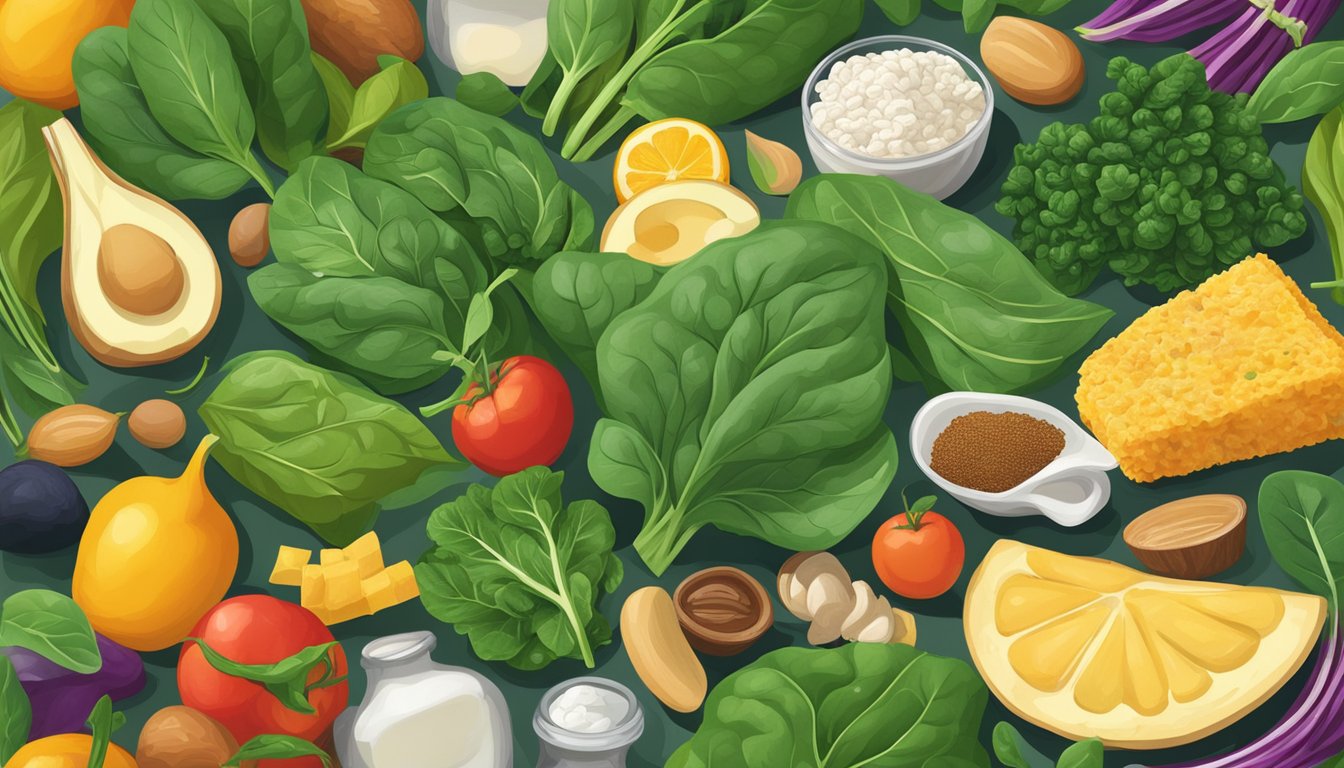 A vibrant pile of spinach leaves surrounded by other thiamine-rich foods, with a focus on energy and brain health