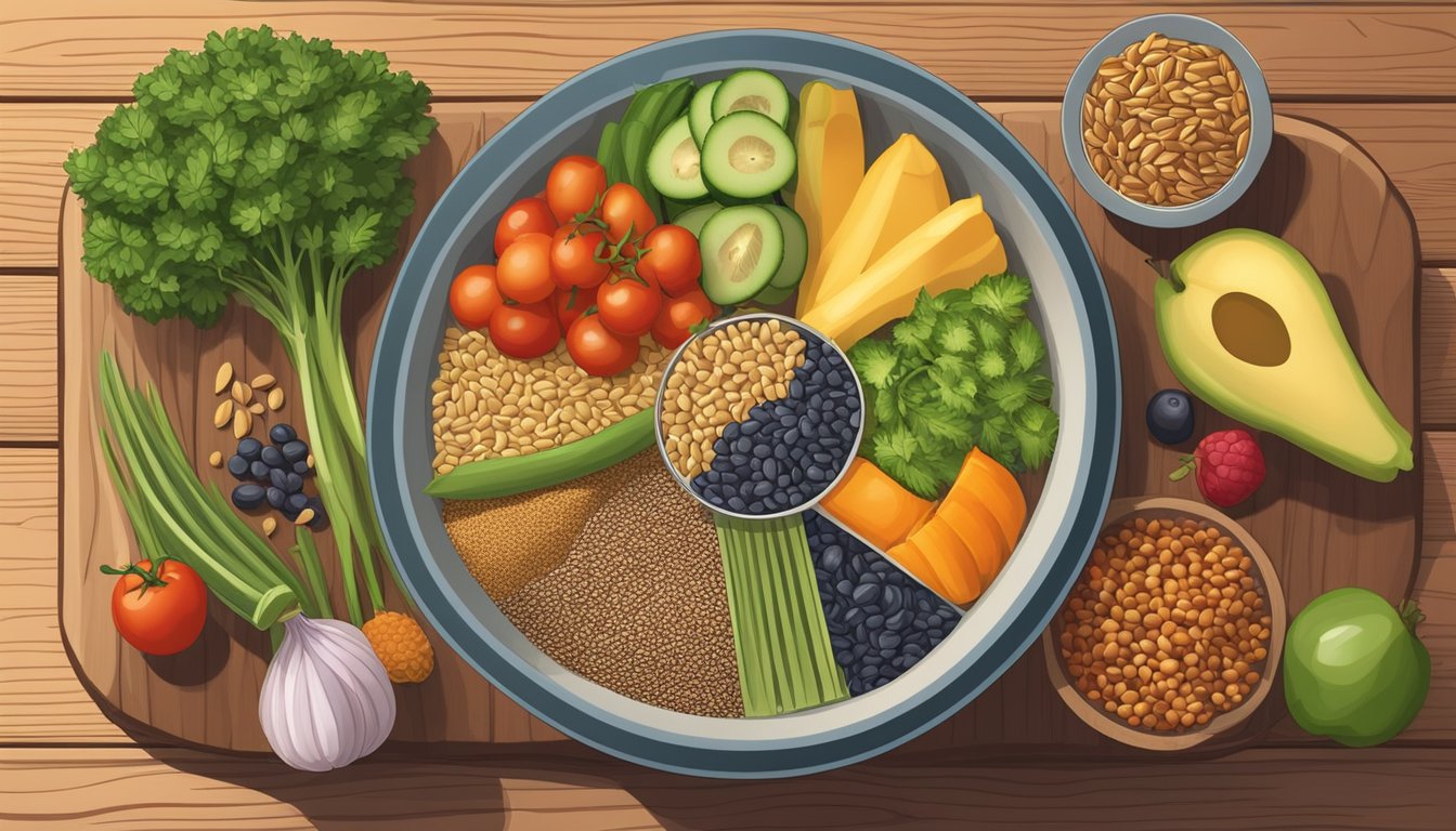 A bowl of mixed seeds, including flaxseeds, next to a variety of fruits and vegetables on a wooden cutting board