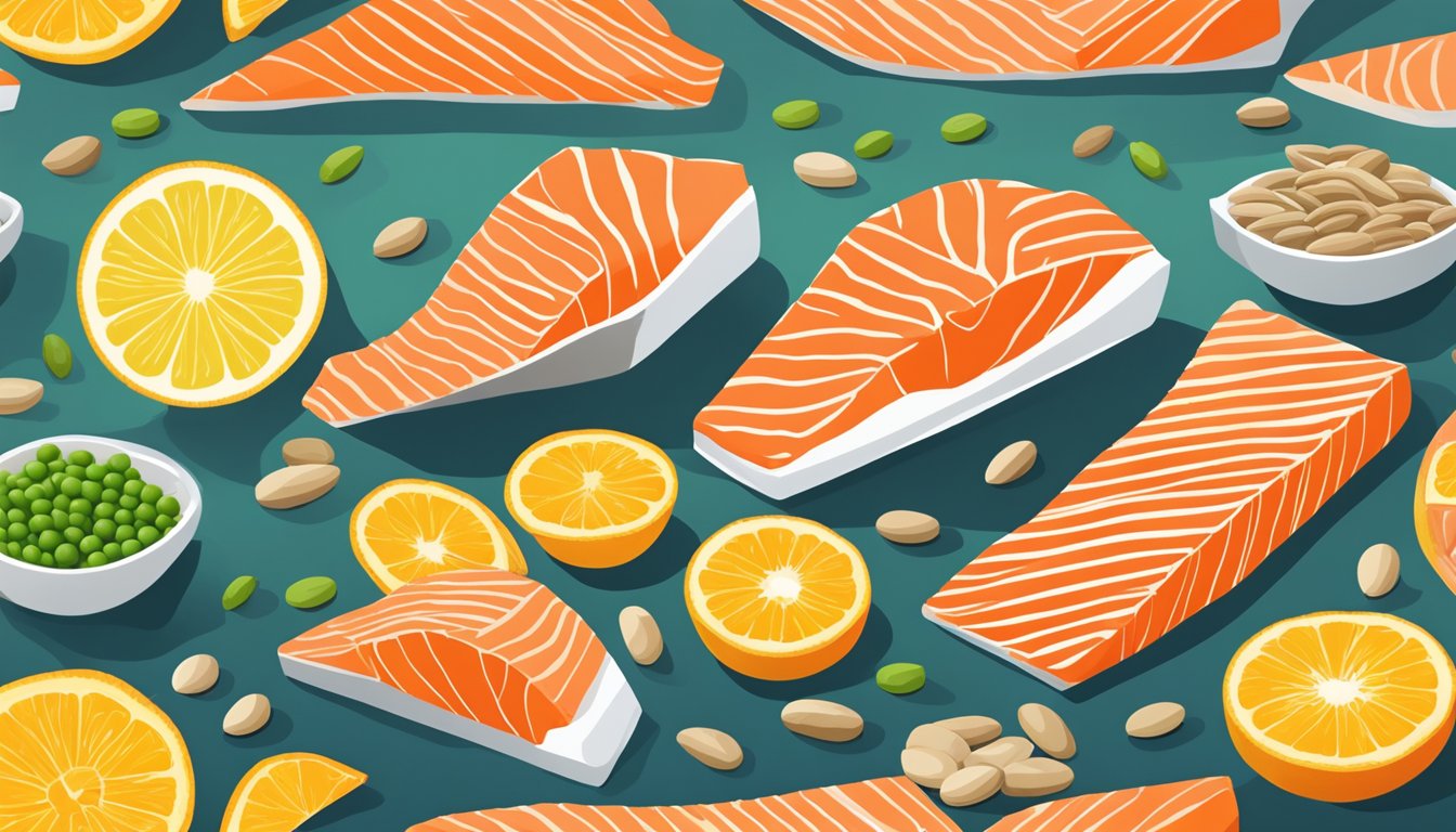 A colorful array of fresh salmon fillets surrounded by vibrant thiamine-rich foods like sunflower seeds, peas, and oranges, all radiating energy and brain health benefits