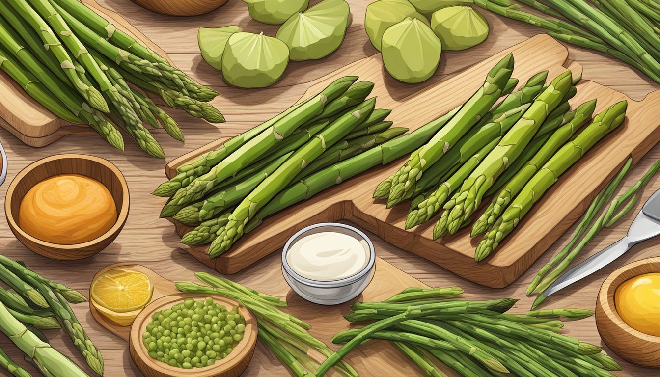 A colorful array of fresh asparagus spears arranged on a wooden cutting board, with a variety of other thiamine-rich foods scattered around