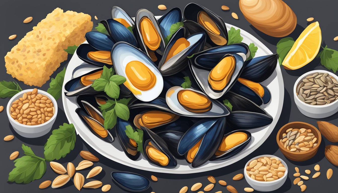 A pile of mussels surrounded by other thiamine-rich foods, such as pork, sunflower seeds, and lentils, with a focus on their vibrant colors and textures