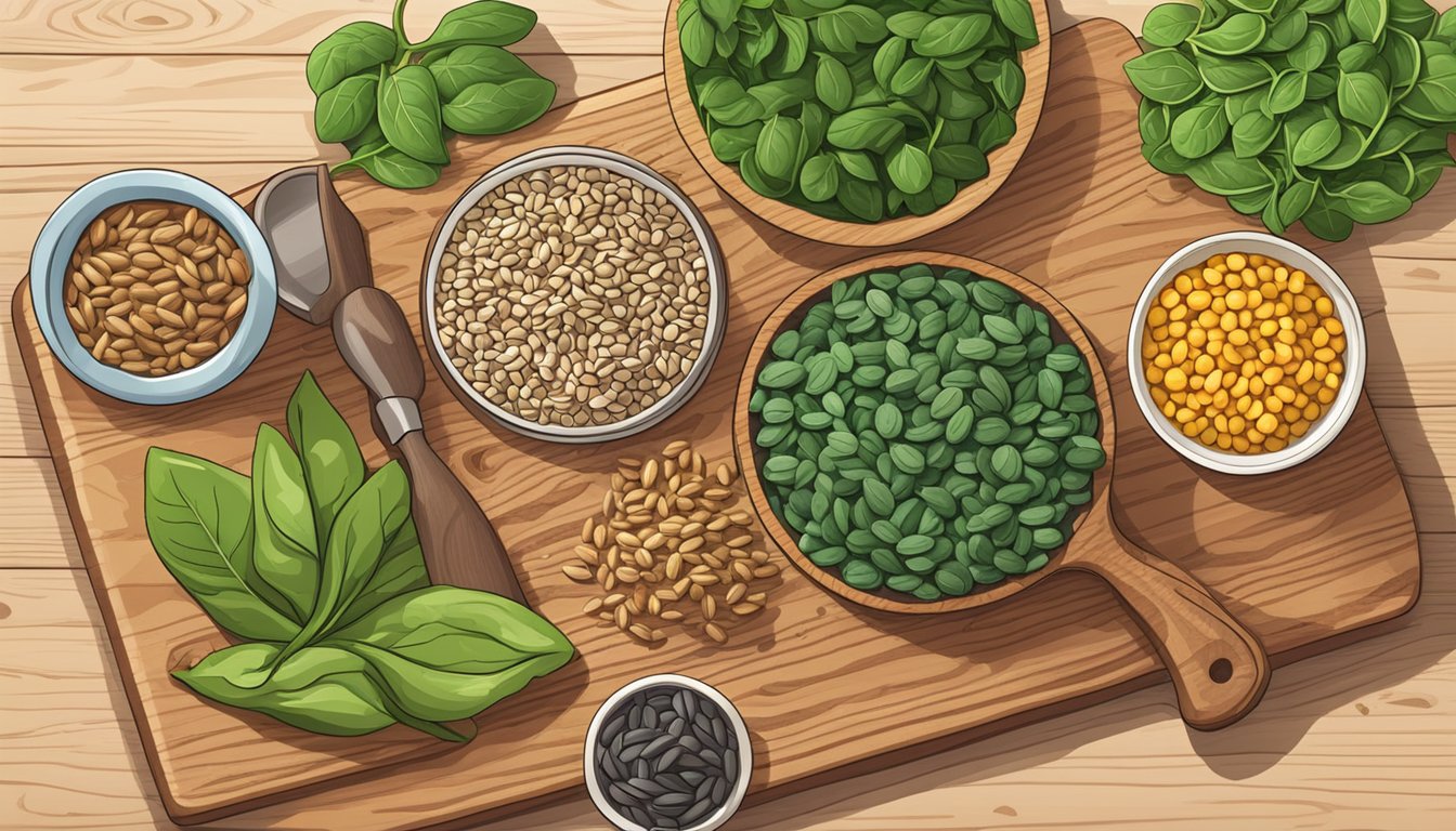 A colorful array of lentils, spinach, and sunflower seeds on a wooden cutting board, representing the top 10 thiamine-rich foods for energy and brain health