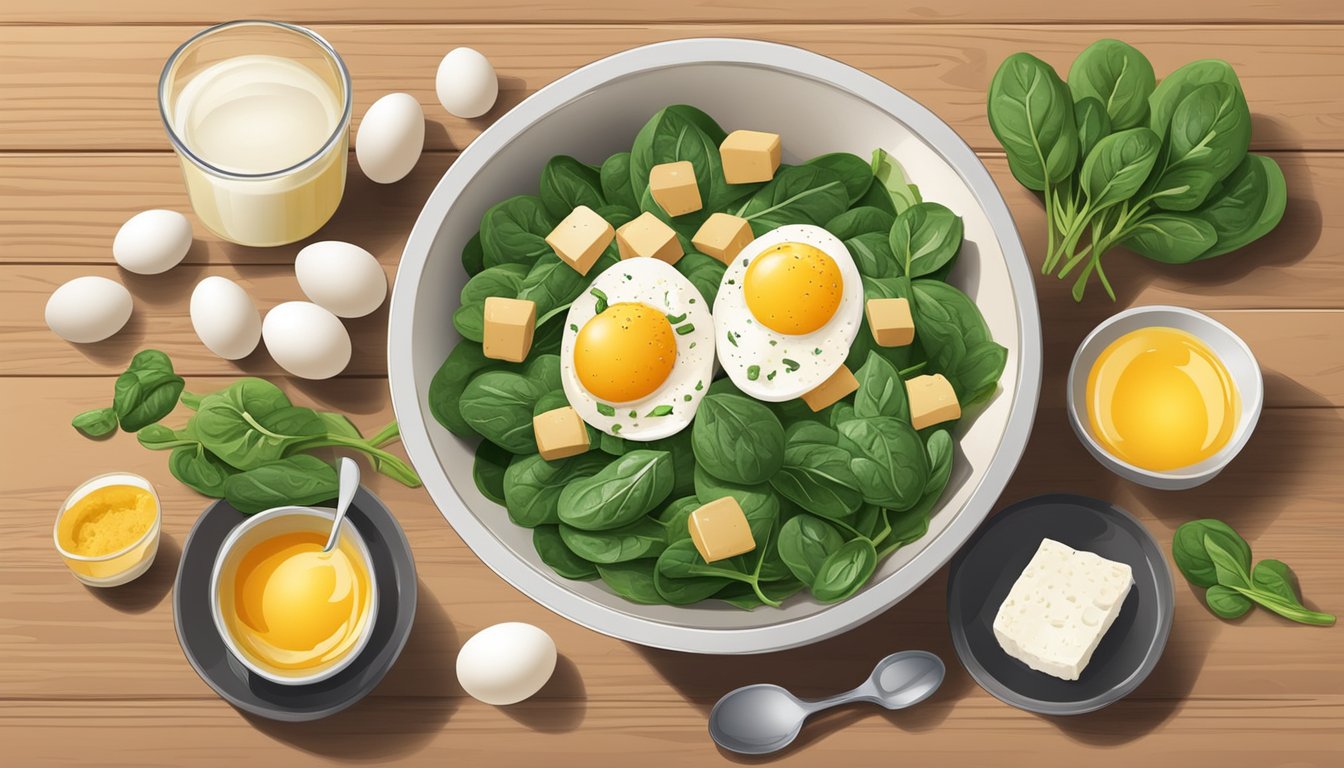 A bowl of eggs surrounded by spinach, tofu, chicken, and dairy products on a wooden table