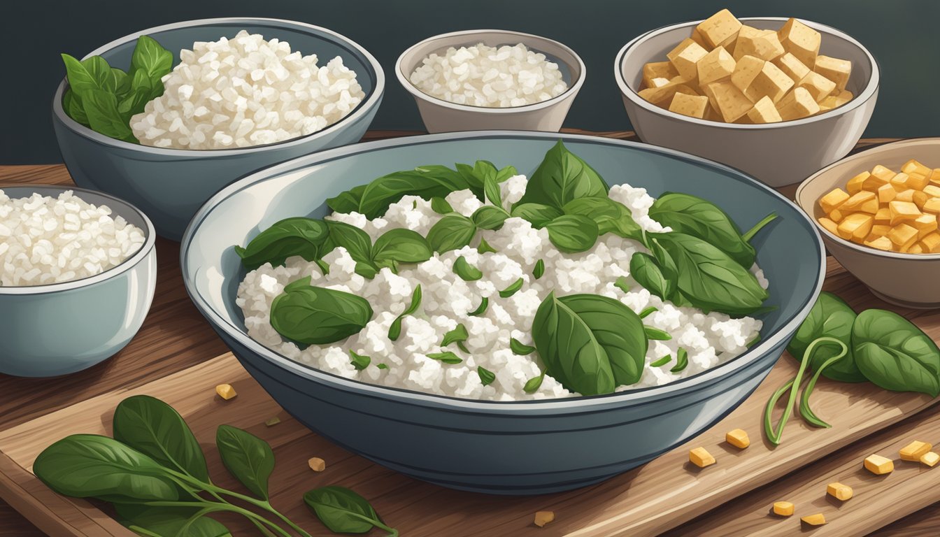 A bowl of cottage cheese surrounded by high glutamine foods like spinach, white rice, tofu, and lentils on a wooden table