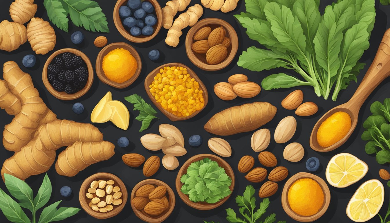 A colorful array of ginger, turmeric, berries, leafy greens, and nuts arranged on a wooden cutting board