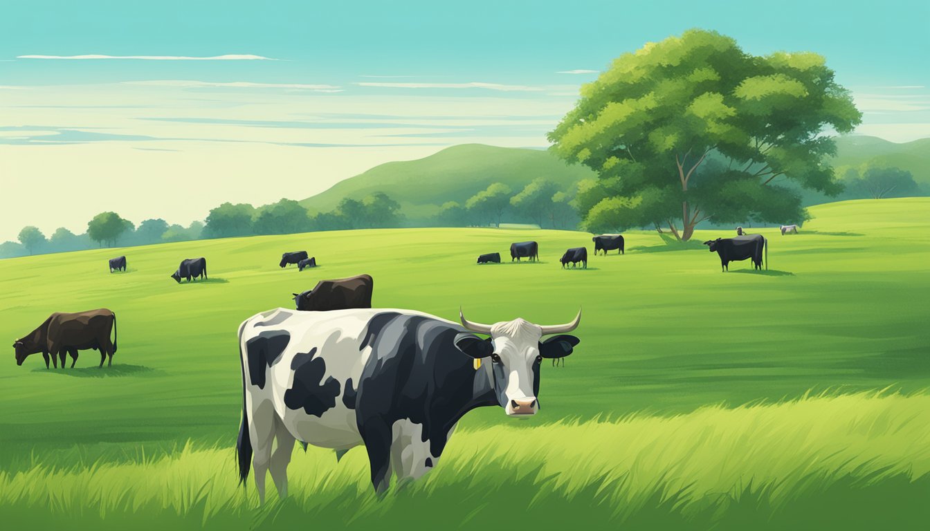 A serene pasture with grazing cattle surrounded by lush green grass and a clear blue sky above