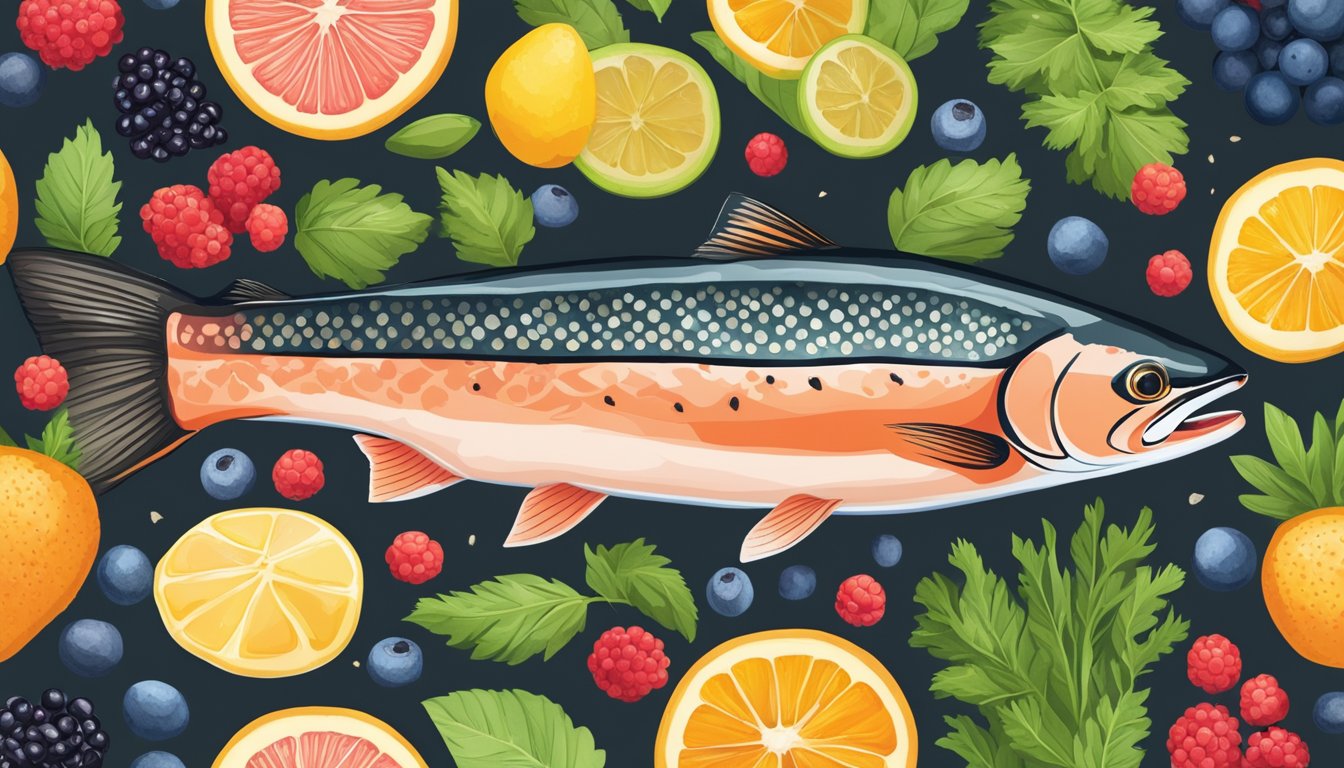 A wild-caught salmon surrounded by colorful anti-inflammatory foods like berries, leafy greens, and nuts, symbolizing a healthy, inflammation-reducing diet