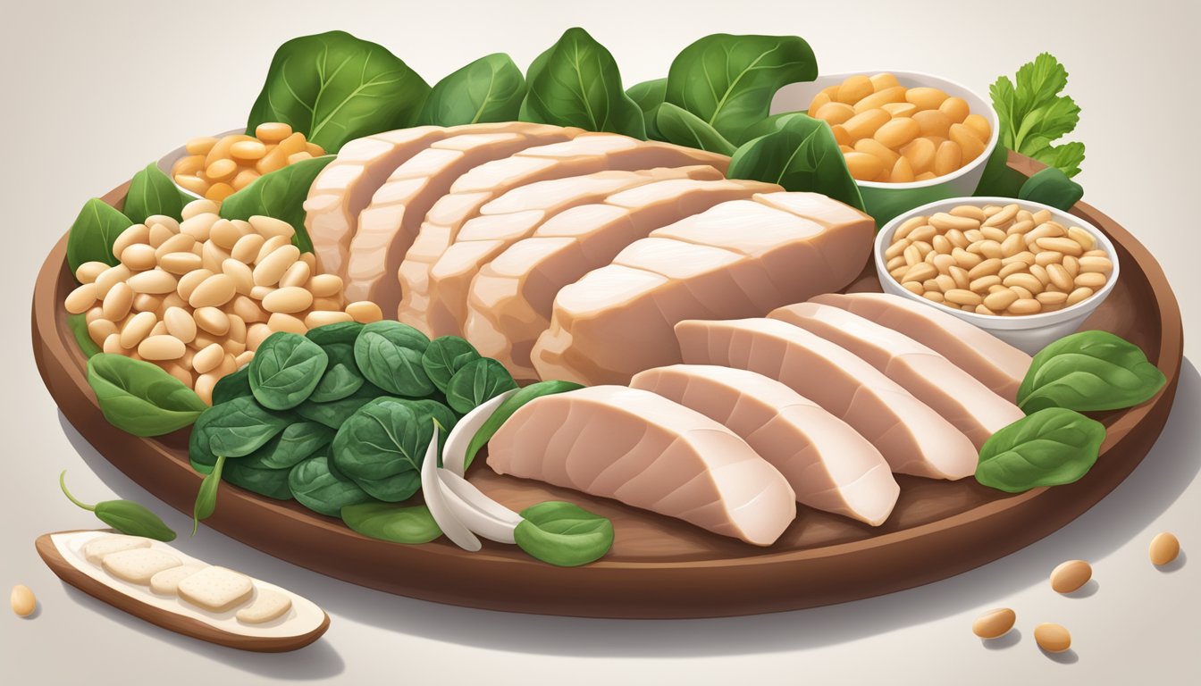 A platter of sliced turkey breast surrounded by various glutamine-rich foods like spinach, tofu, and white beans