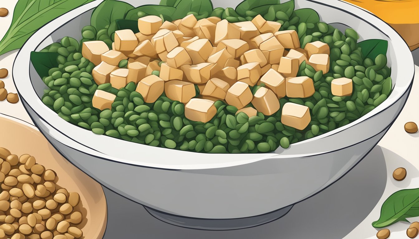 A bowl of lentils surrounded by other glutamine-rich foods like tofu, spinach, and white beans