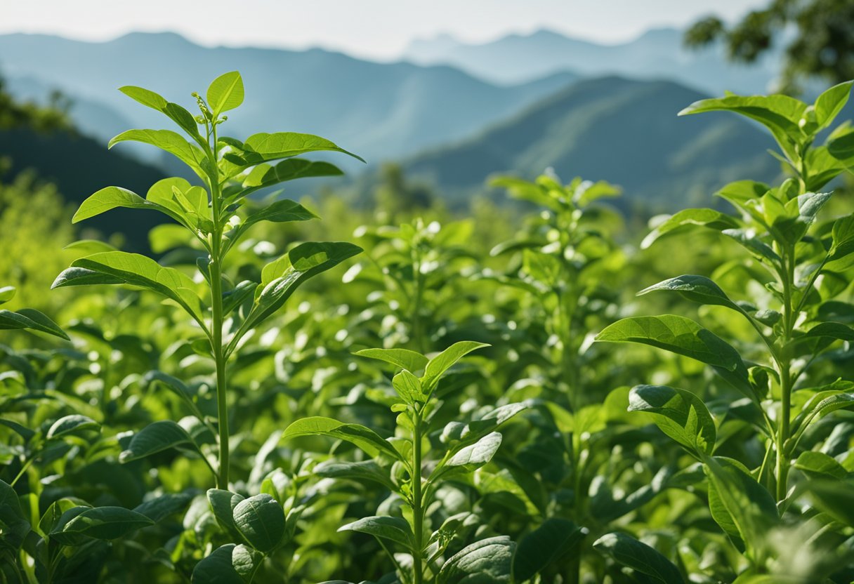 A lush green field with Ashwagandha plants growing tall and healthy under the warm sun, surrounded by a backdrop of mountains and clear blue skies