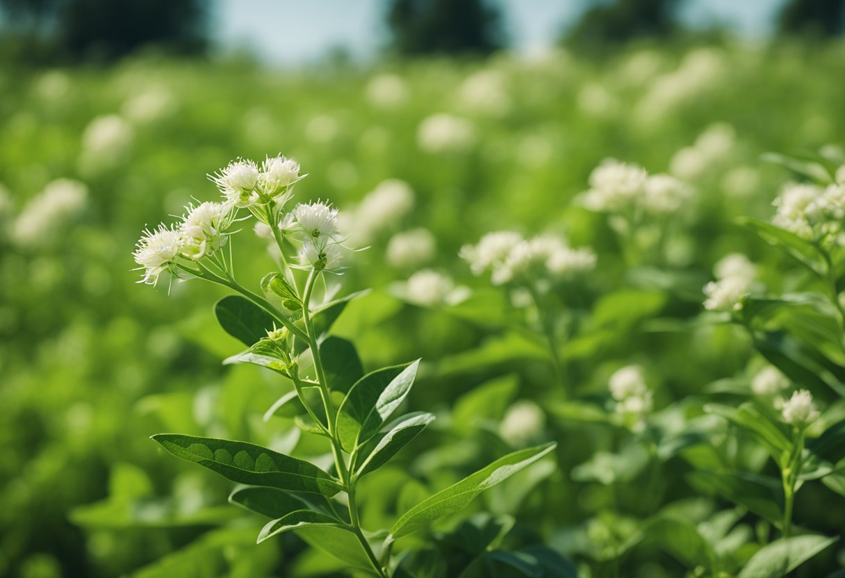 A serene, green field with blooming Ashwagandha plants under a clear blue sky