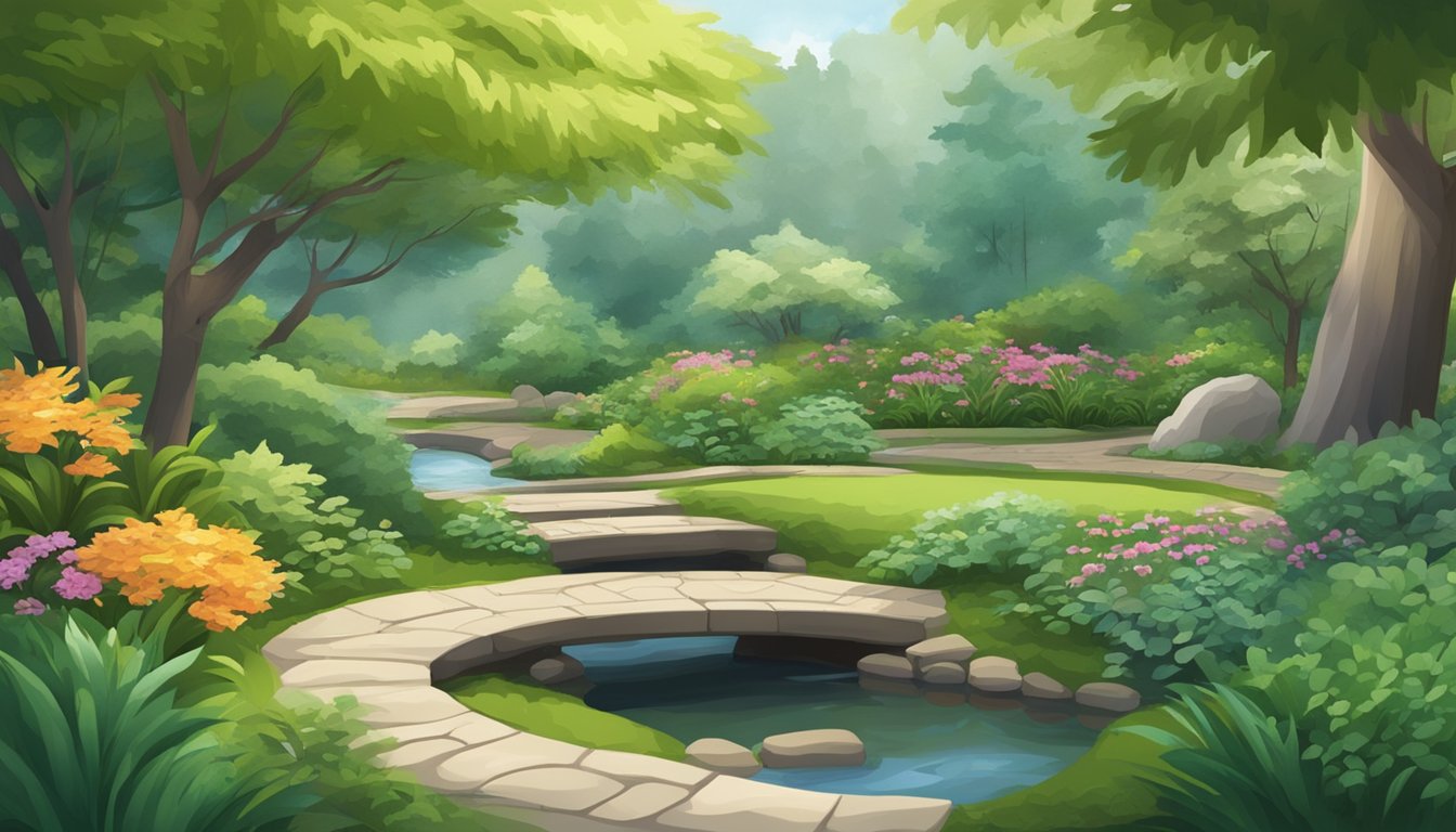 A serene garden with lush greenery, a flowing stream, and a winding path leading to a tranquil meditation area