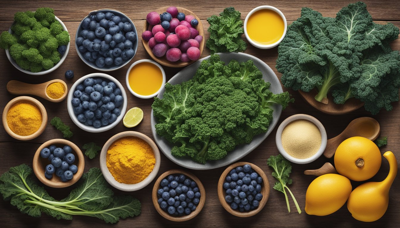 A colorful array of kale, blueberries, turmeric, and other anti-inflammatory foods arranged on a rustic wooden table