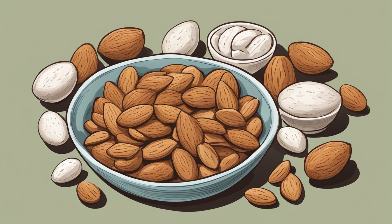 A bowl of almonds surrounded by other glutamine-rich foods