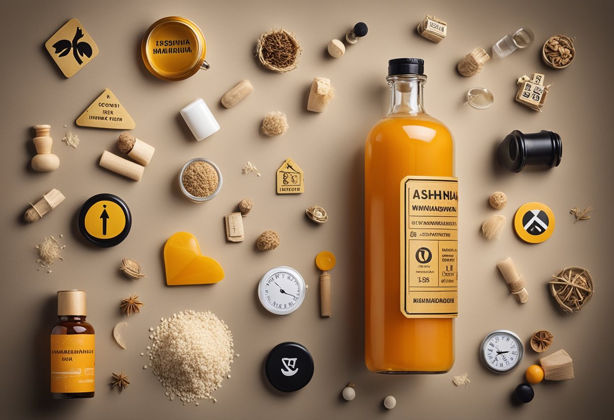 A bottle of Ashwagandha surrounded by various safety symbols and warning signs