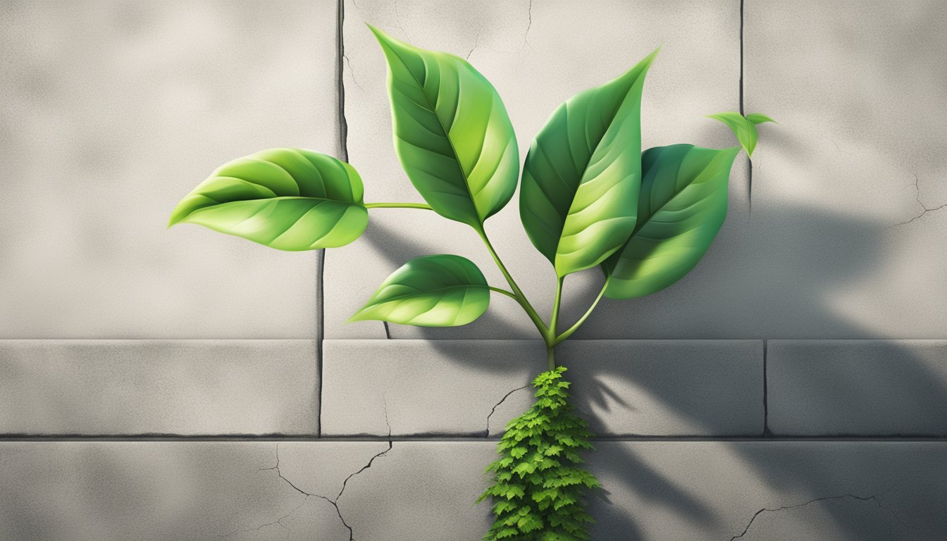 A vibrant green plant growing from a crack in a concrete wall, reaching towards the sunlight with strong, healthy leaves and a sense of resilience