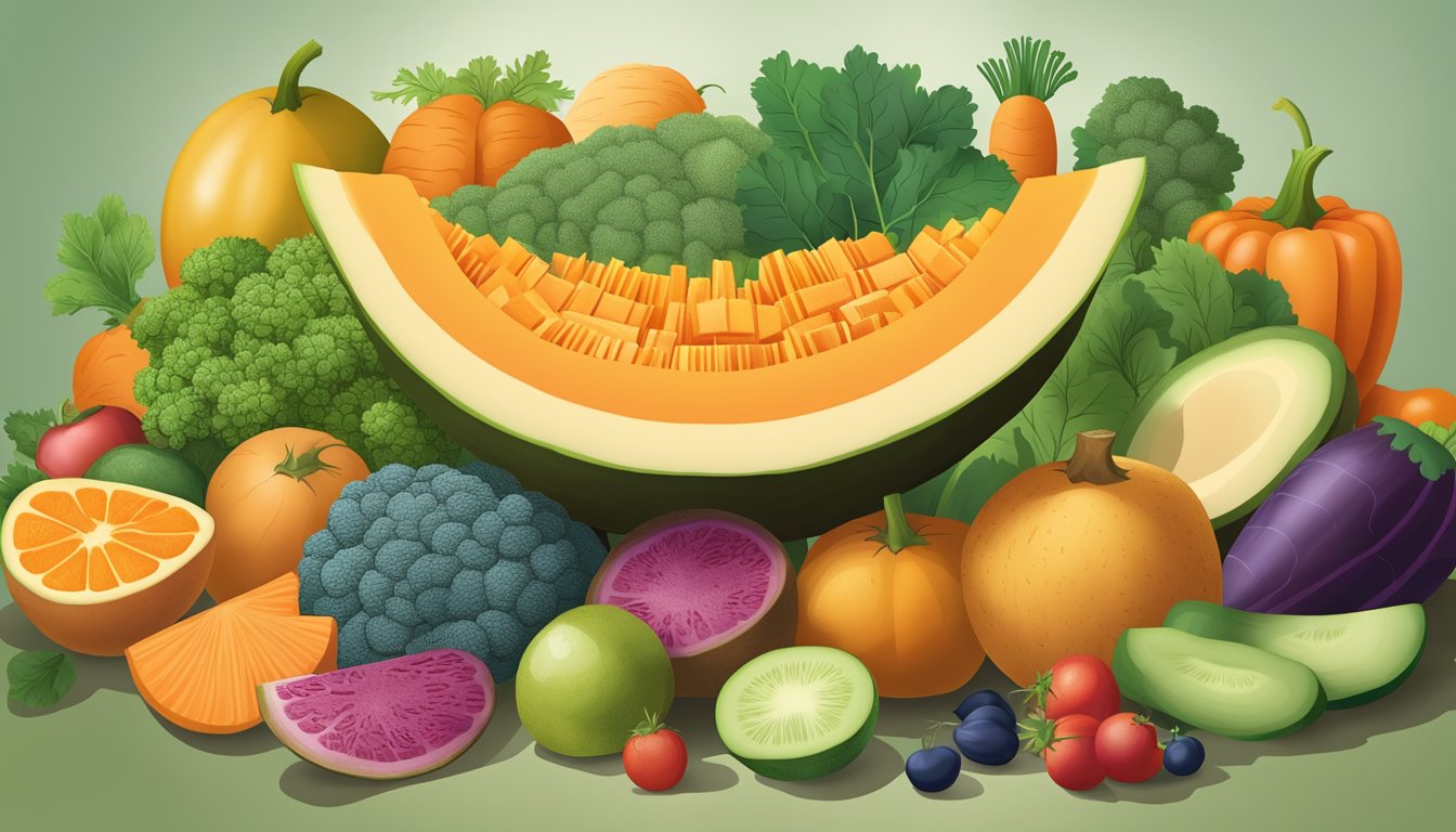 A vibrant cantaloupe surrounded by colorful fruits and vegetables rich in beta carotene, such as carrots, sweet potatoes, and kale, arranged on a table