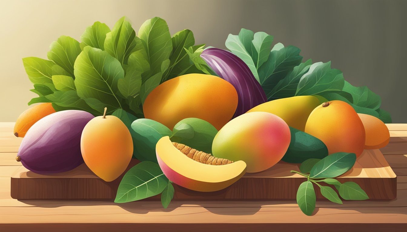 A vibrant assortment of mangoes, carrots, sweet potatoes, and leafy greens arranged on a wooden cutting board, bathed in warm sunlight