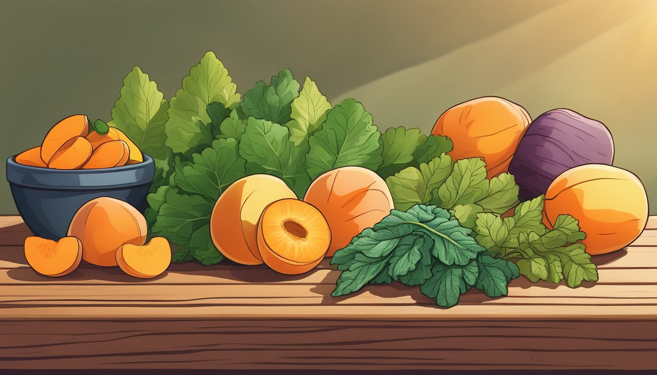 A colorful assortment of apricots, carrots, sweet potatoes, and leafy greens arranged on a wooden table, bathed in warm sunlight