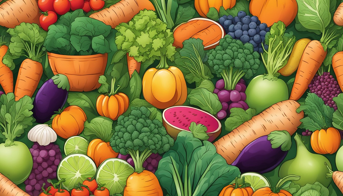 A vibrant assortment of fruits and vegetables, including carrots, sweet potatoes, and spinach, arranged in a colorful display