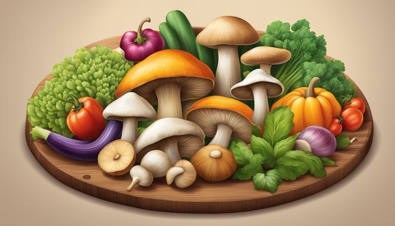 A variety of mushrooms arranged in a circle on a wooden cutting board, surrounded by colorful vegetables and fruits