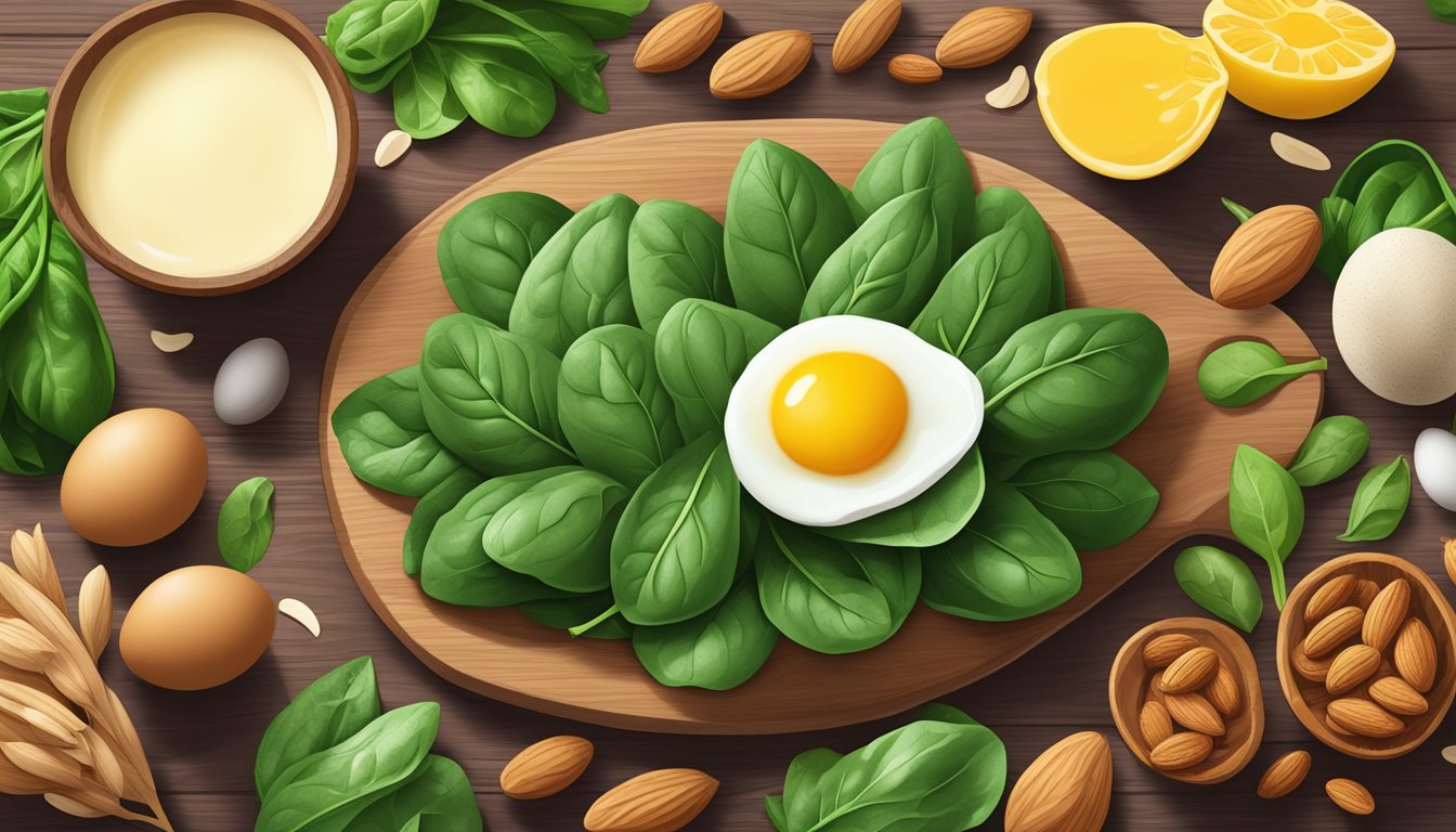 A vibrant bunch of spinach surrounded by other colorful foods high in riboflavin, such as eggs, almonds, and milk, displayed on a wooden cutting board