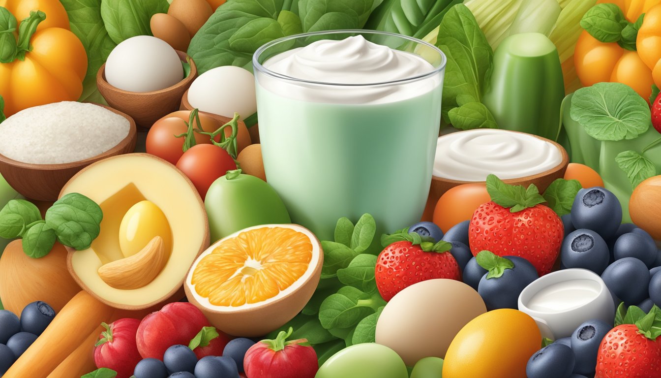 A colorful array of yogurt, milk, eggs, almonds, and spinach surrounded by vibrant fruits and vegetables, all rich in riboflavin vitamin B2 for optimal health