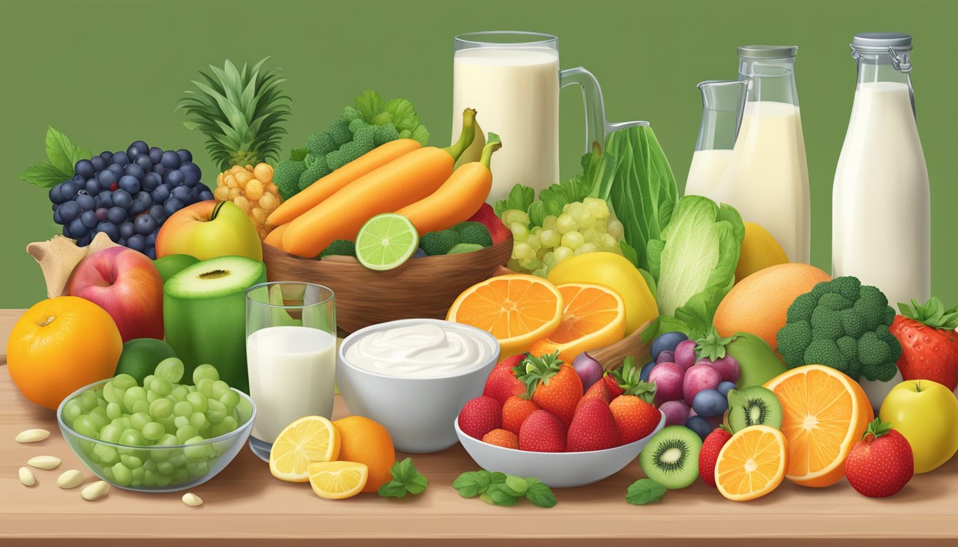 A colorful array of milk and various riboflavin-rich foods arranged on a table, with vibrant fruits and vegetables surrounding them