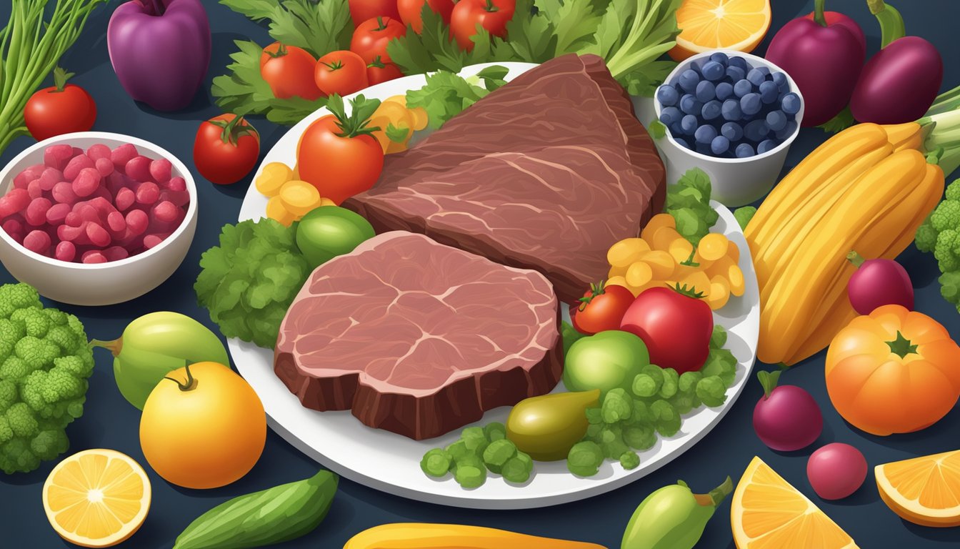 A plate of beef liver surrounded by colorful fruits and vegetables, with a spotlight on the liver to highlight its importance as a top source of riboflavin vitamin B2 for optimal health