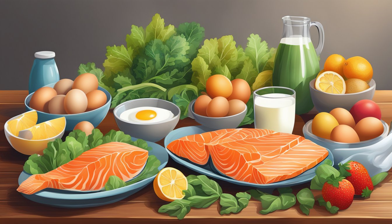 A colorful array of salmon, eggs, milk, and leafy greens on a wooden table, surrounded by vibrant fruits and vegetables