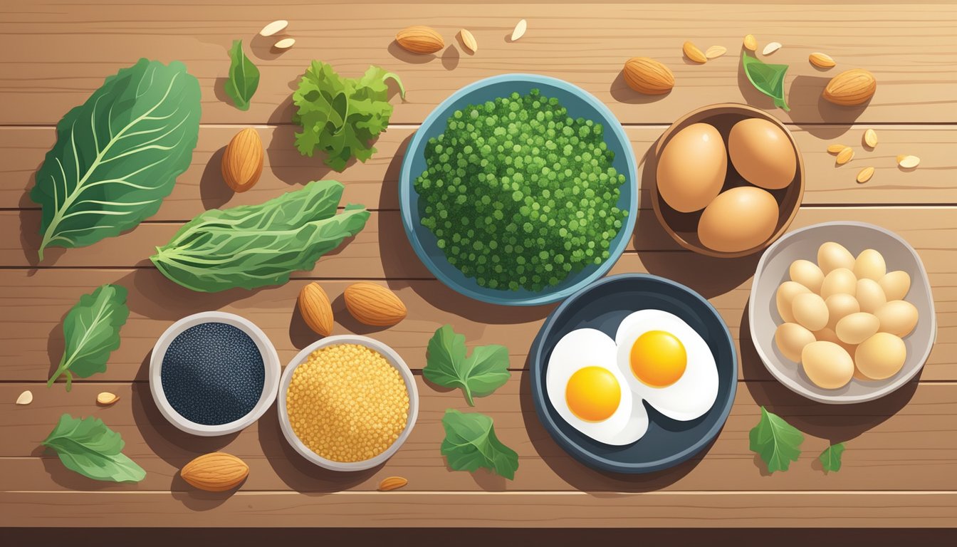 A colorful array of quinoa, eggs, almonds, and leafy greens arranged on a wooden table, with a bright spotlight highlighting their riboflavin content