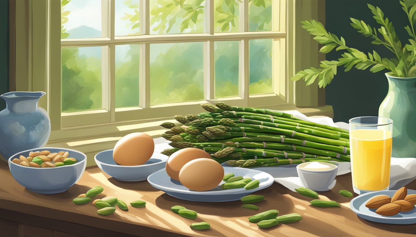 A bountiful array of asparagus, eggs, almonds, and milk, surrounded by vibrant green leaves and sunlight streaming through a window