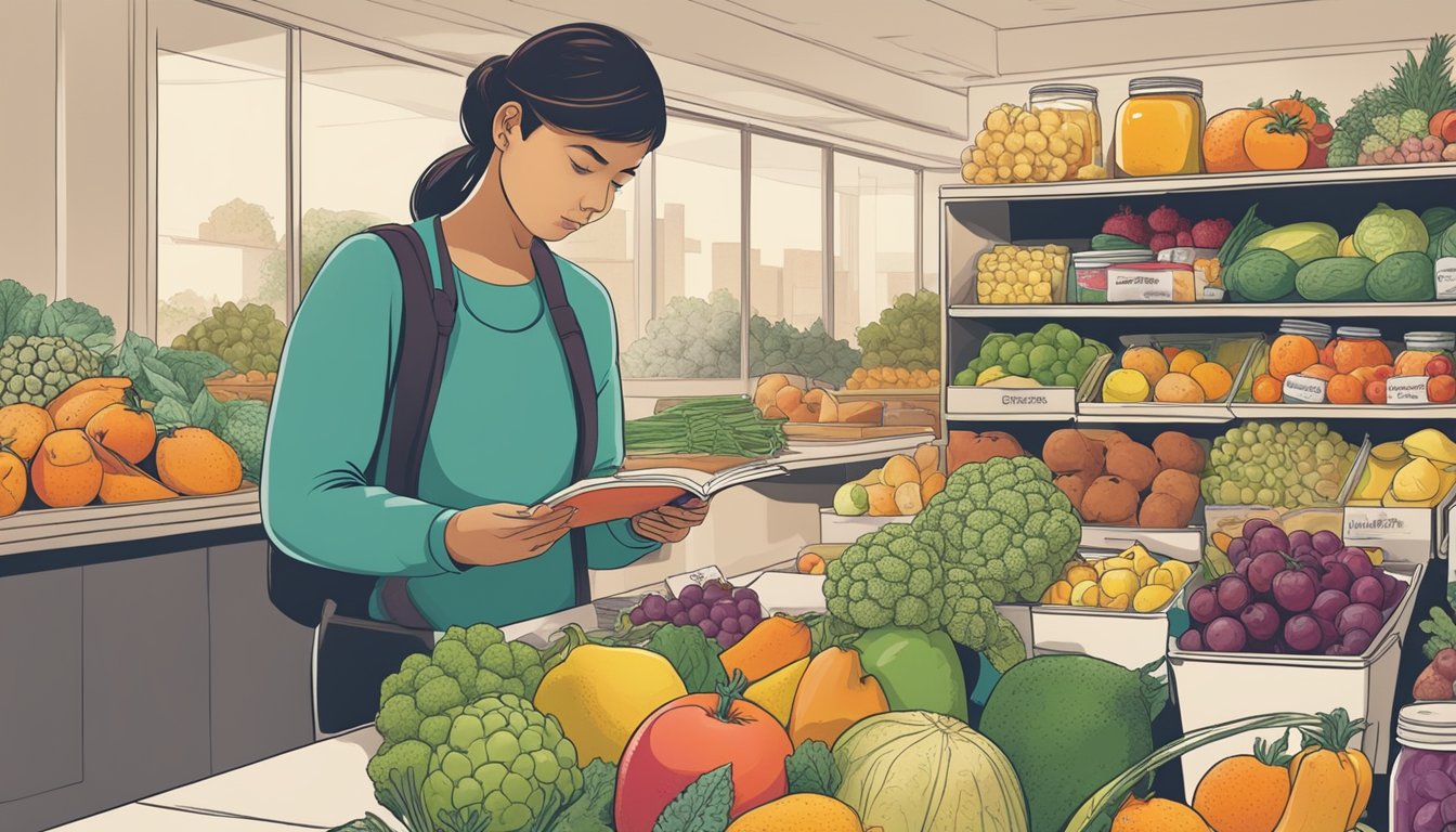 A variety of fruits, vegetables, and packaged foods containing sorbitol are displayed on a table, with a person reading labels and looking concerned