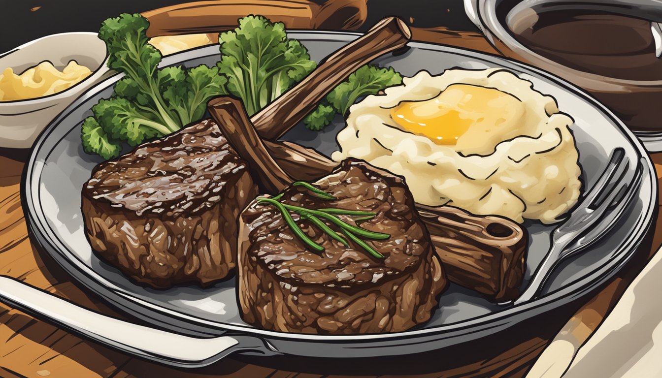 A sizzling skillet with juicy lamb chops and a side of buttery mashed potatoes