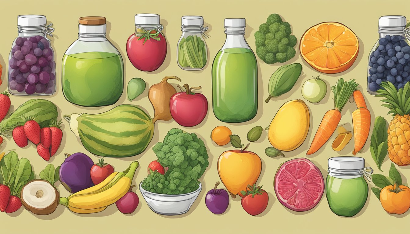 A colorful array of fruits, vegetables, and packaged goods, with some items labeled "sorbitol-free."