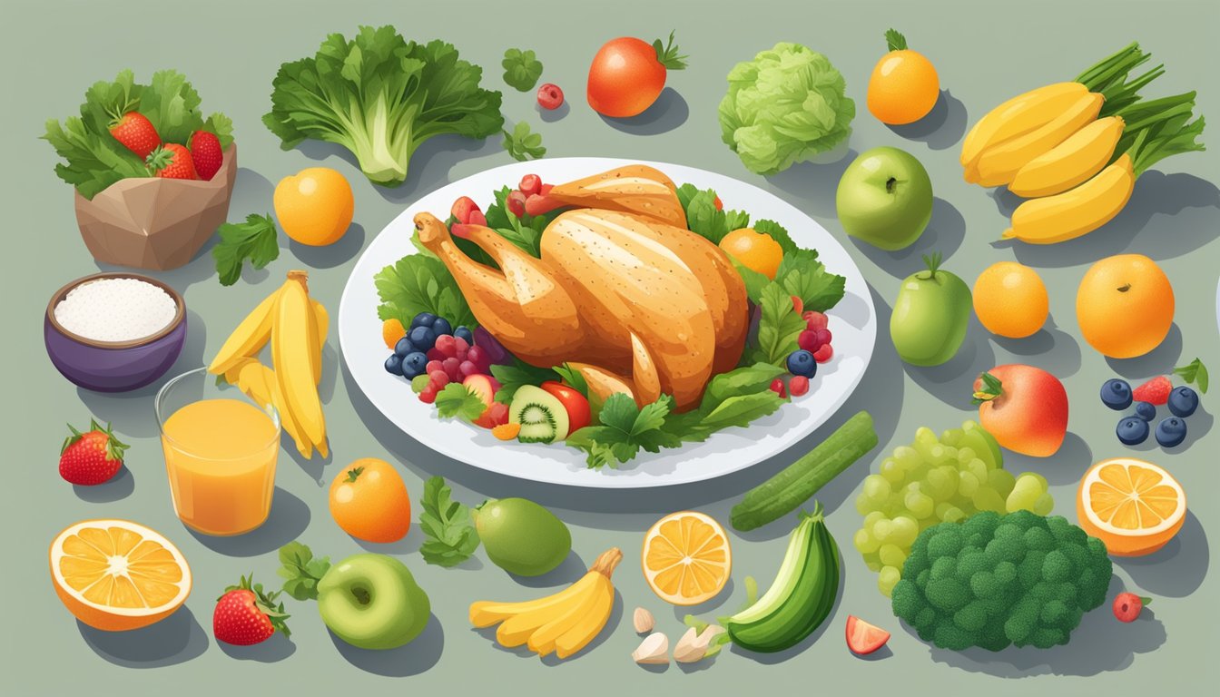 A chicken breast surrounded by colorful natural foods, including fruits and vegetables, with a spotlight on the top 10 sources of N-acetyl cysteine