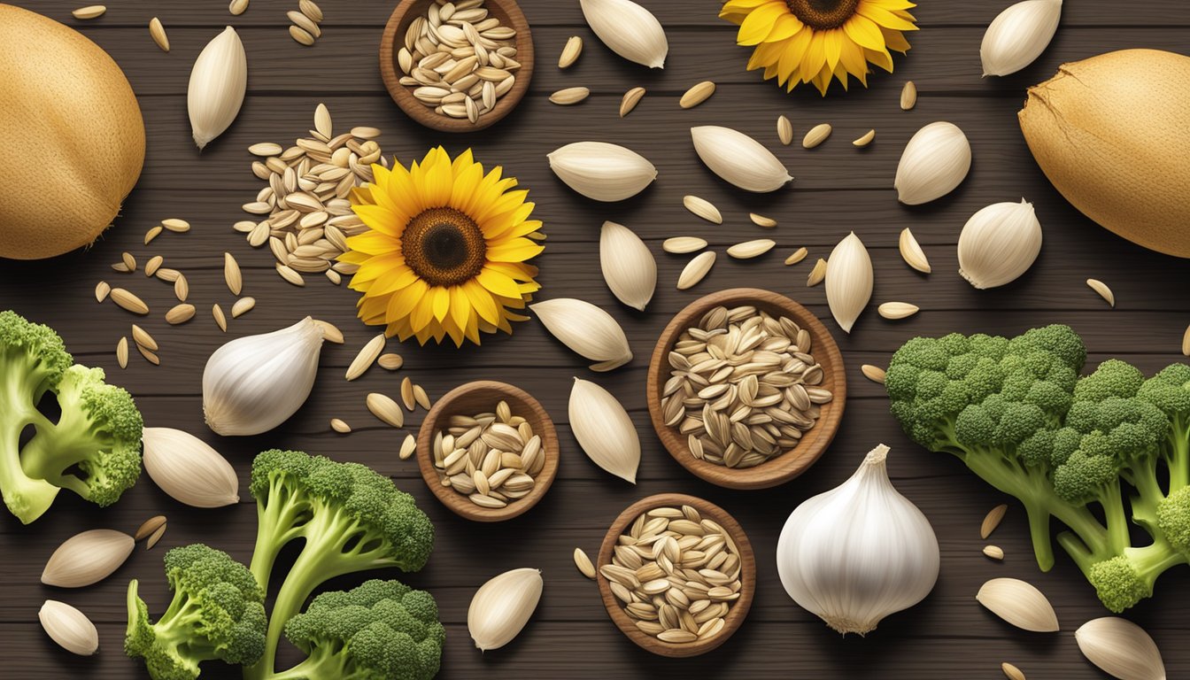 Sunflower seeds scattered on a rustic wooden table, surrounded by other natural food sources like garlic, broccoli, and eggs