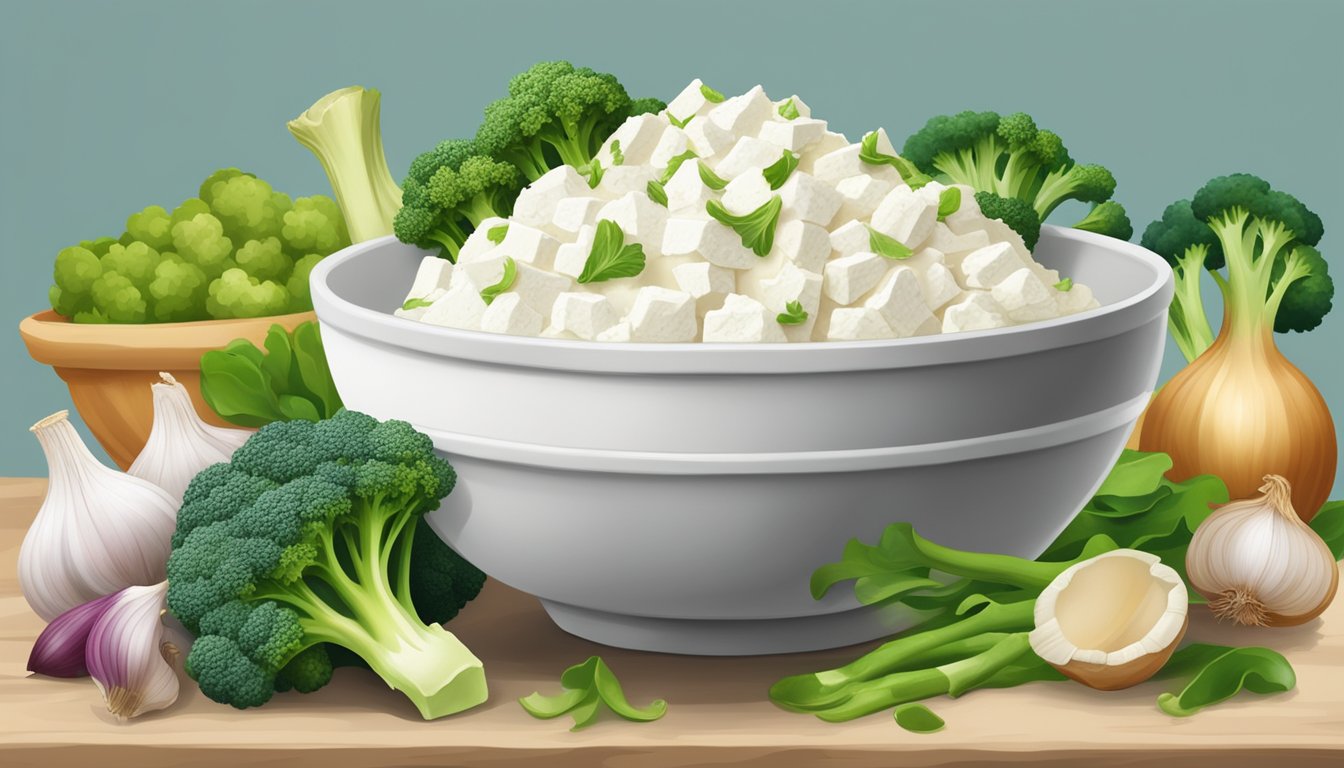 A bowl of ricotta cheese surrounded by natural food sources of N-acetyl cysteine, such as garlic, onions, and broccoli