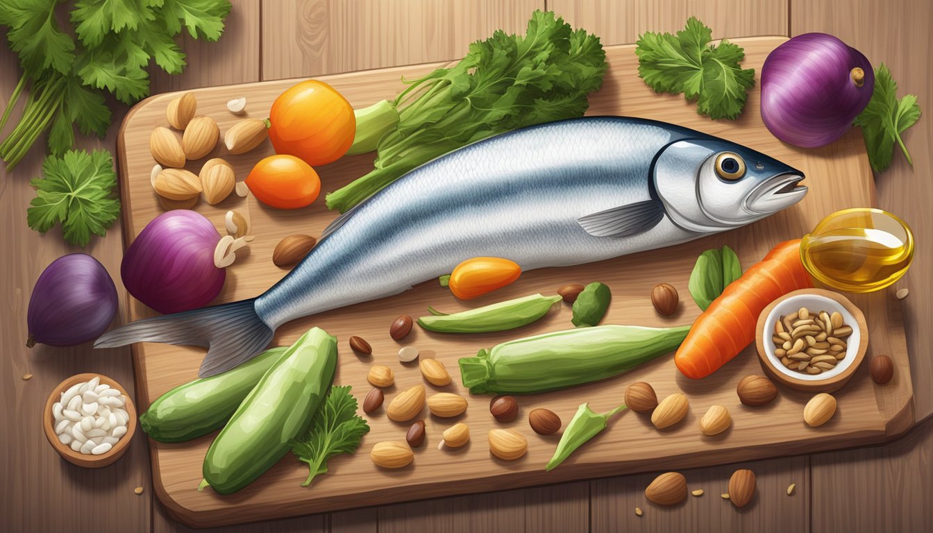 A colorful array of herring, nuts, and vegetables arranged on a wooden cutting board, with a bottle of coenzyme Q10 supplement in the background