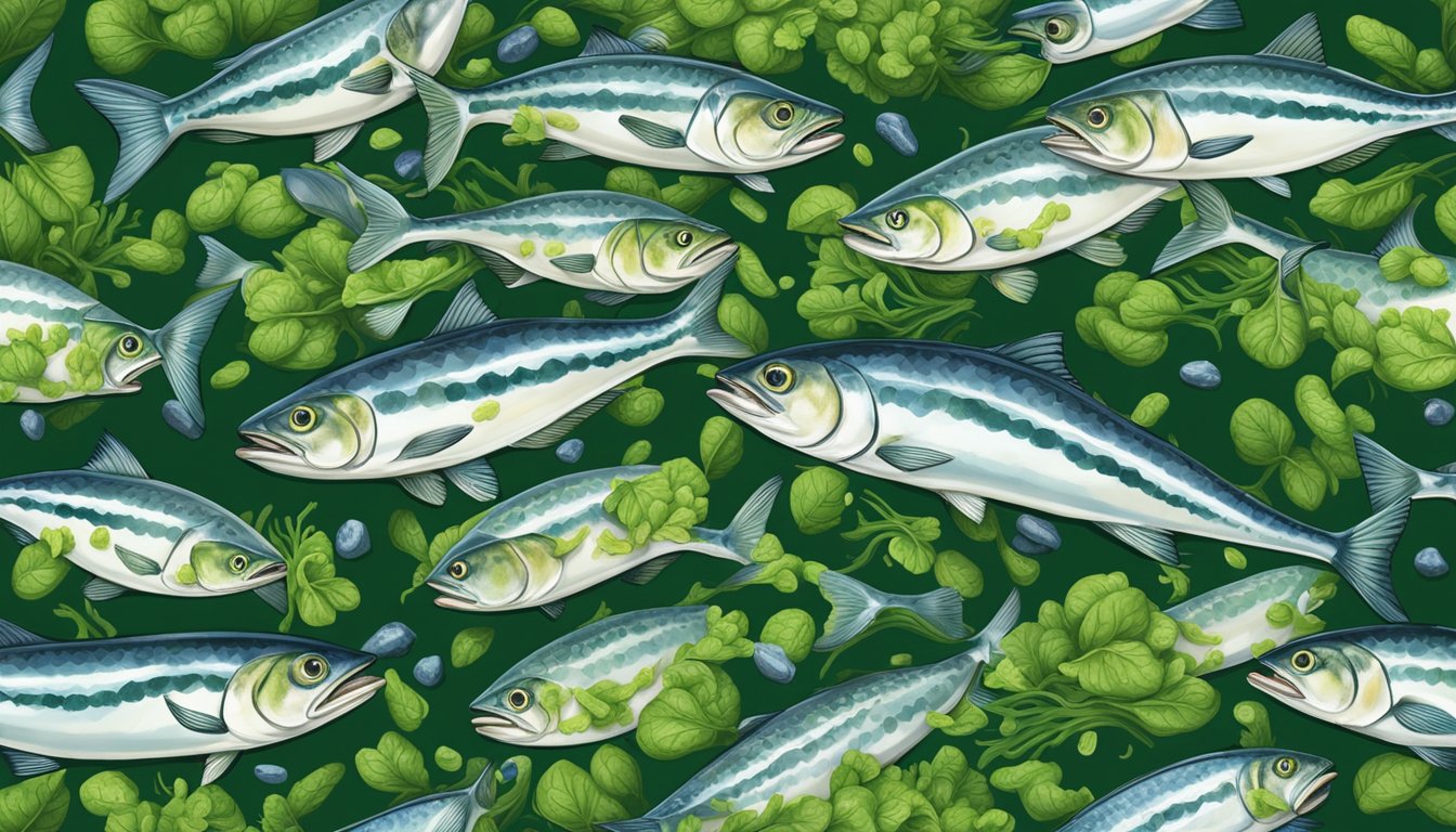 A vibrant school of mackerel swimming through a bed of rich green seaweed, surrounded by clusters of coenzyme Q10-rich foods like spinach, nuts, and broccoli