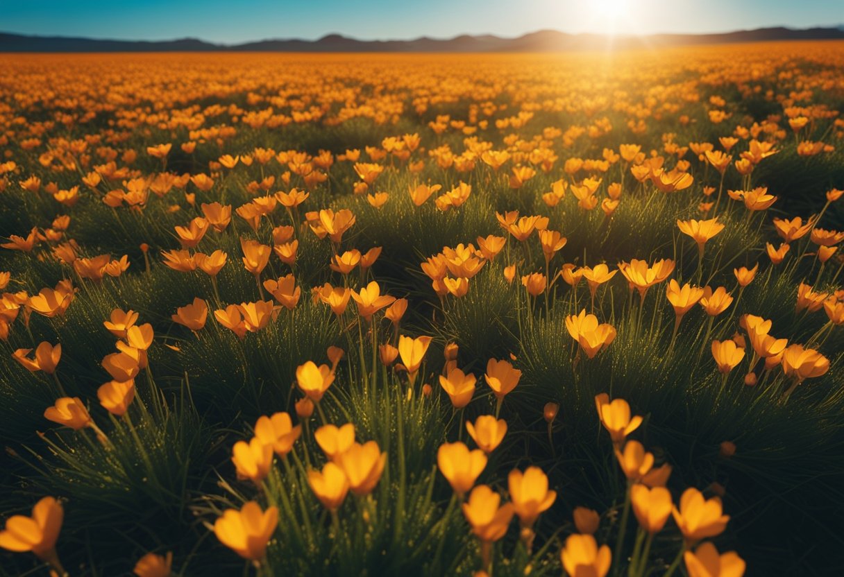 A vibrant field of blooming saffron plants under a clear blue sky, with the sun casting a warm glow over the landscape