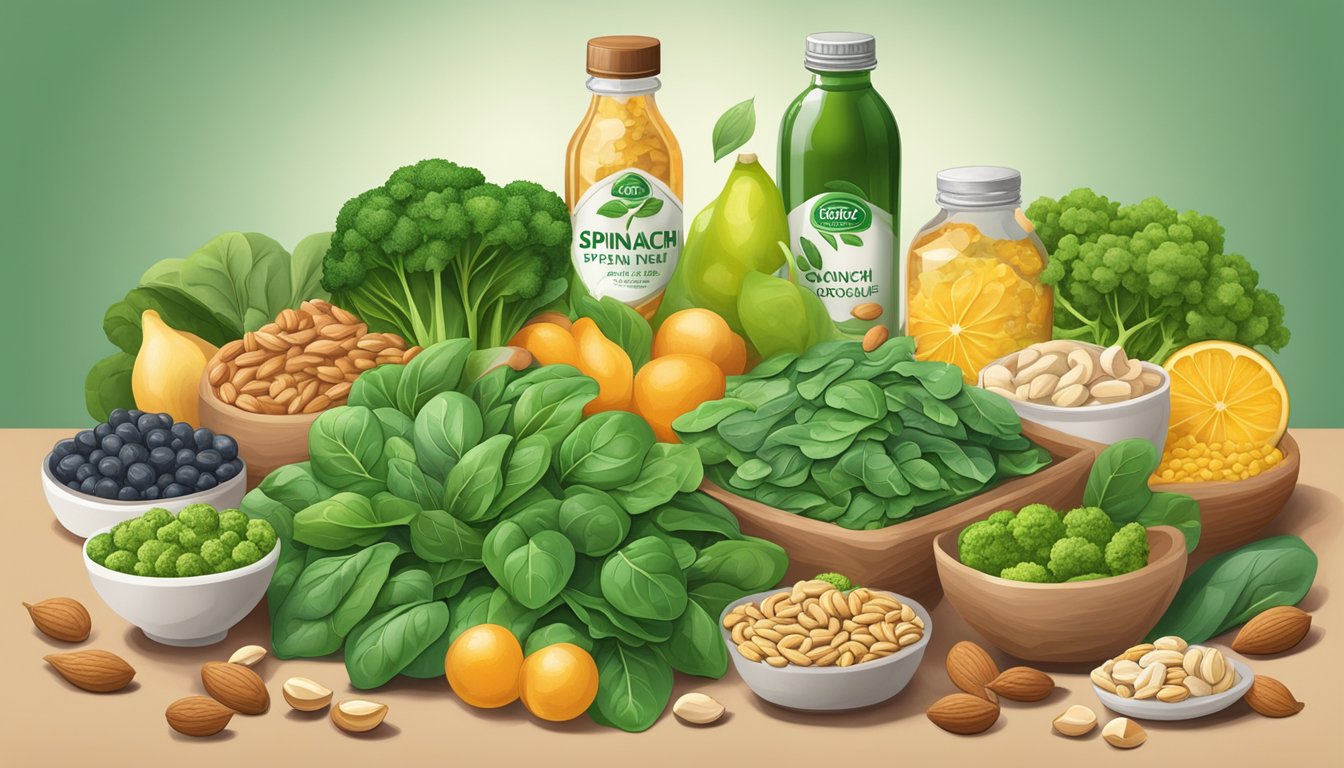 A vibrant pile of spinach leaves surrounded by heart-healthy foods like nuts, fish, and broccoli, with a bottle of coenzyme q10 prominently displayed