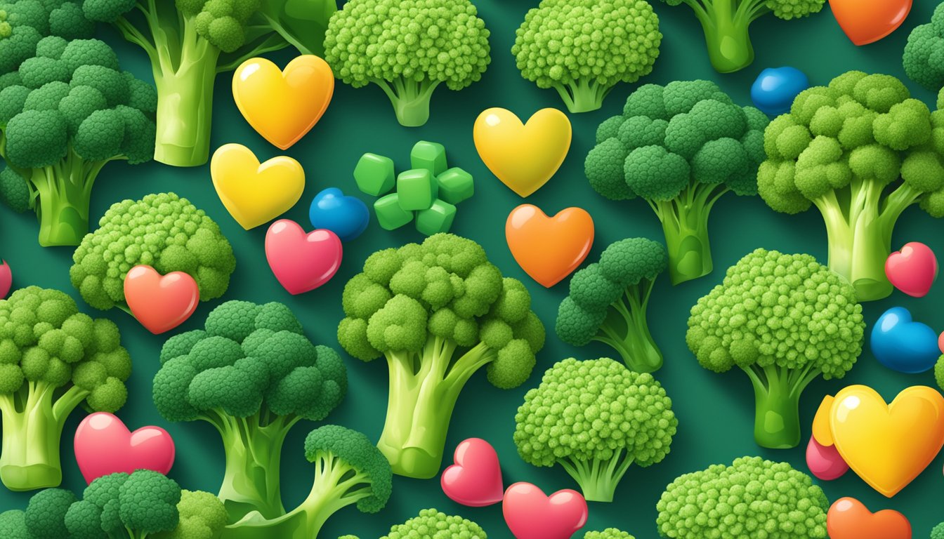 A vibrant bunch of broccoli surrounded by heart-shaped coenzyme Q10 supplements