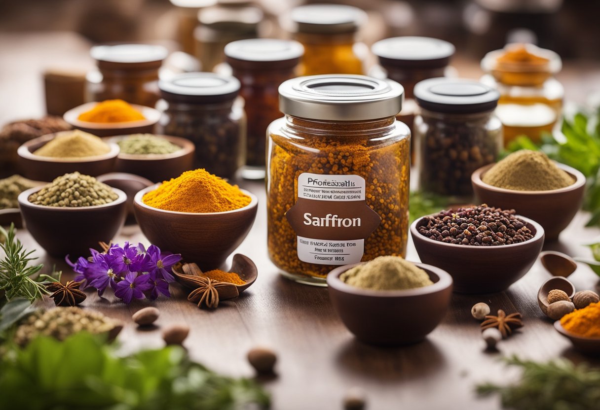 A jar of saffron extract surrounded by various herbs and spices, with a warning label and a list of potential risks and side effects