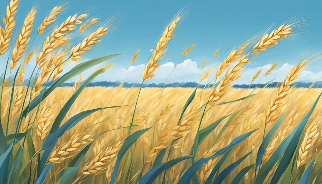 A peaceful field of tall, golden oats swaying in the breeze under a bright blue sky, with a few scattered wildflowers adding pops of color