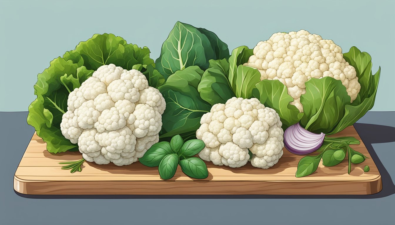 A colorful array of fresh cauliflower, spinach, and fish on a wooden cutting board