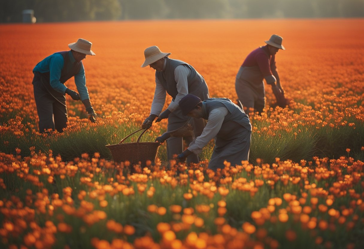 A vibrant field of blooming saffron flowers, with a small group of workers harvesting the delicate red stigmas. The sun shines brightly overhead, casting a warm glow on the scene