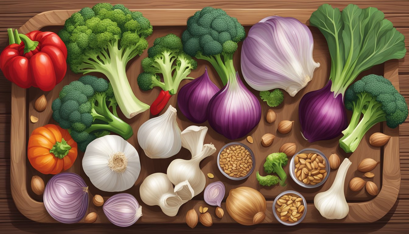 A colorful array of natural foods like garlic, onions, broccoli, and red peppers, along with nuts and seeds, are arranged on a wooden table