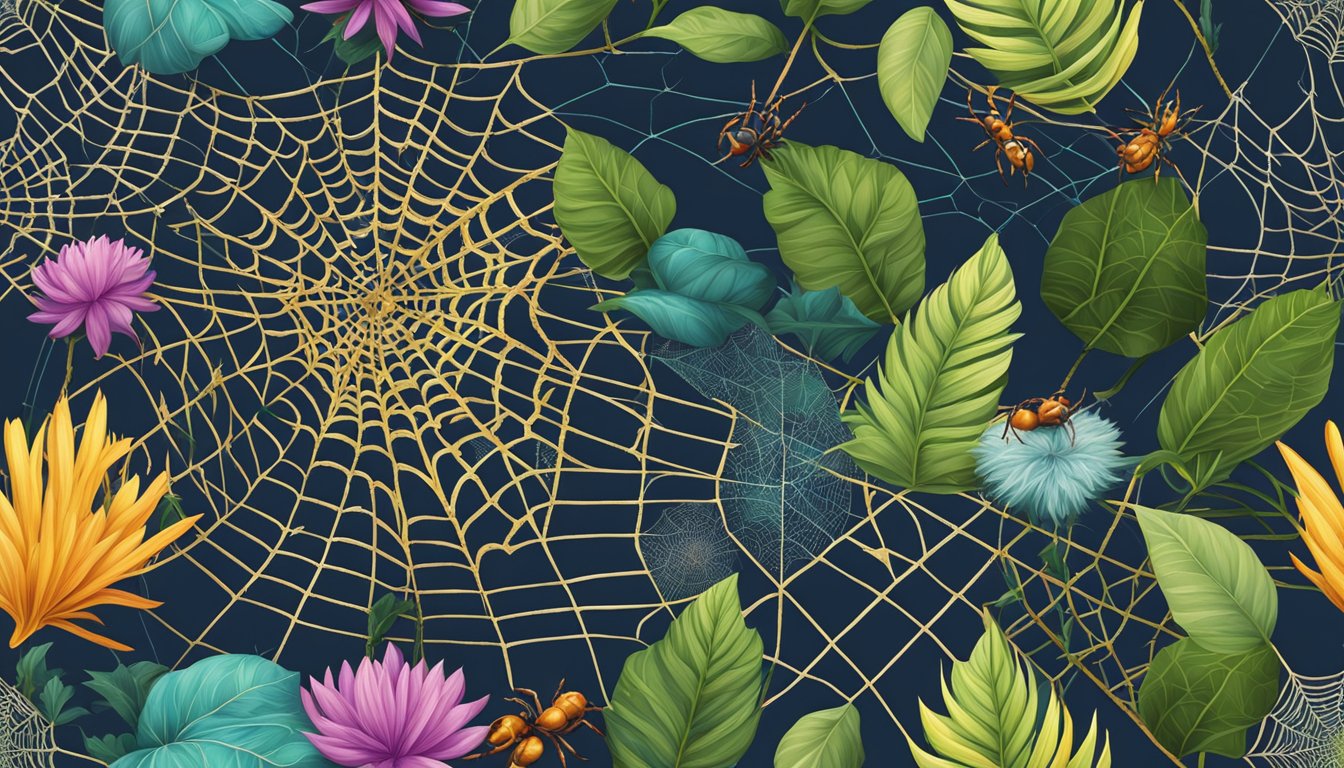 A vibrant arachne field dressing with striking colors and intricate patterns, set against a backdrop of lush foliage and delicate spiderwebs