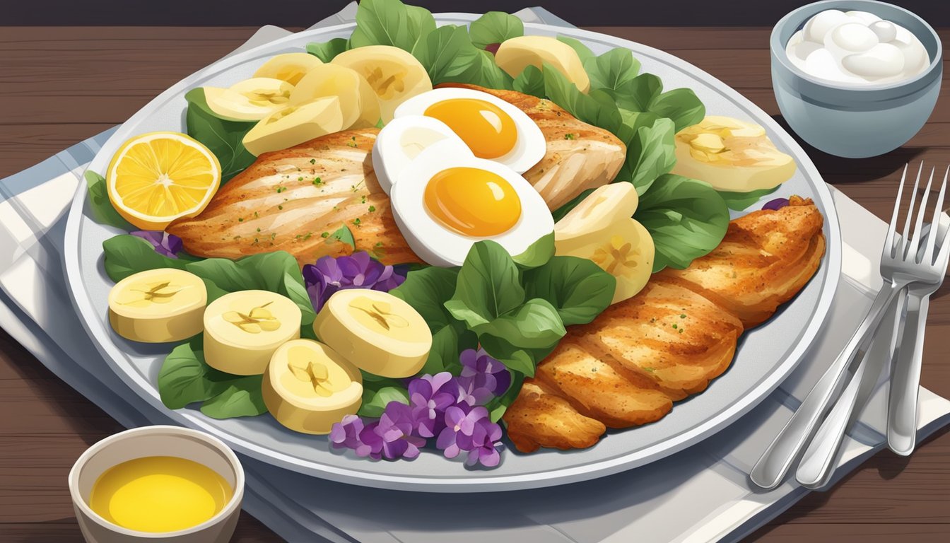 A colorful plate with chicken breast, eggs, bananas, and other tyrosine-rich foods arranged in a visually appealing manner